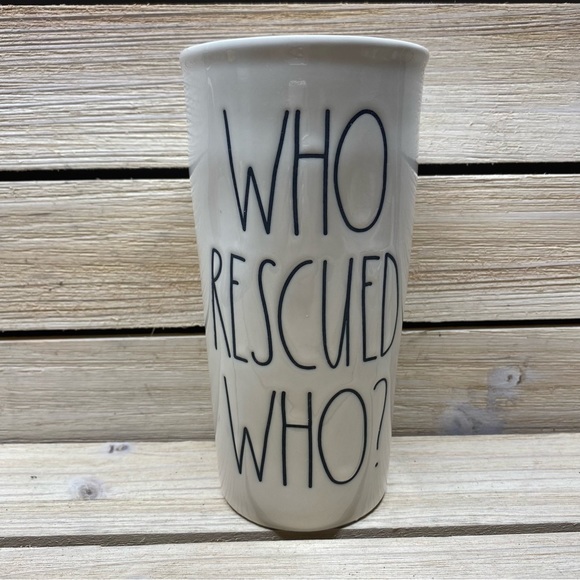 Rae Dunn “Who Rescued Who?” Ceramic travel mug NWOT - Picture 2 of 8
